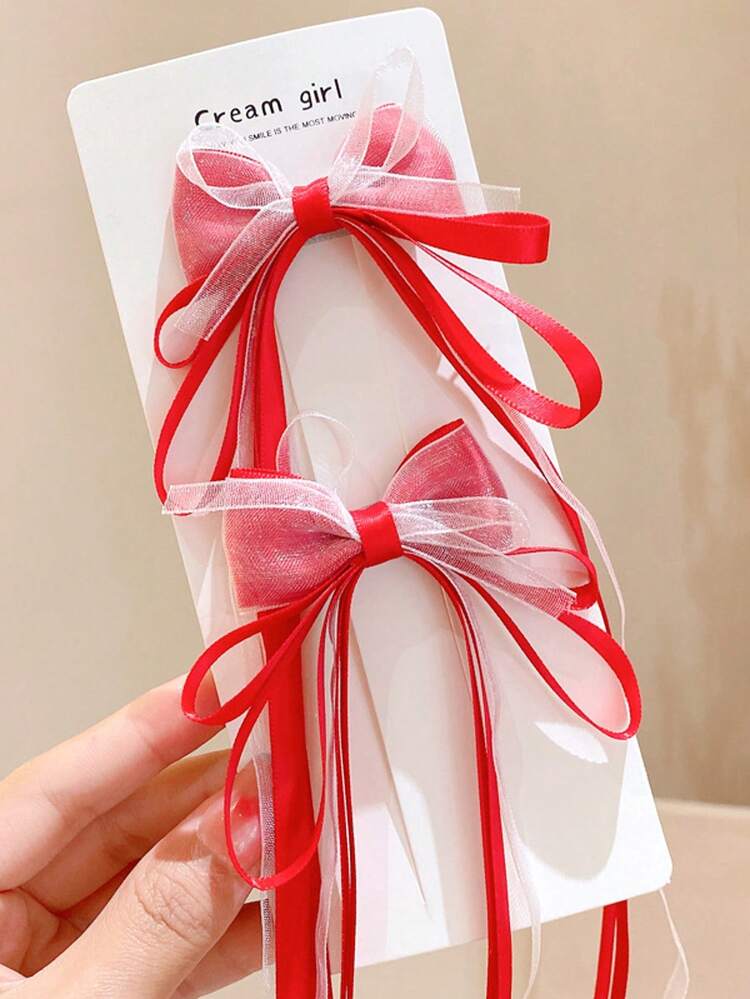 2pcs Chinese Style Red Satin Bow Ribbon Hair Clip, Hanfu Hair Accessory - Multicolor - View 5