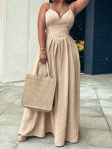 女士春夏休闲度假细肩带露背褶皱连衣裙