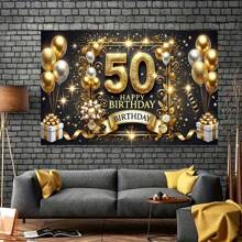50pcs/Pack Polyester 50th Birthday Party Banner, Multipurpose Celebratory Background, Gold & Black Theme, Suitable For Indoor & Outdoor Events, Holiday Decoration For Indoor, Garden, Studio And Home Celebrations