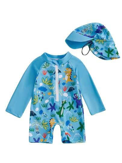 Traje de baño de 2 piezas para niño pequeño con estampado de tiburón, manga larga, media cremallera y sombrero para el sol