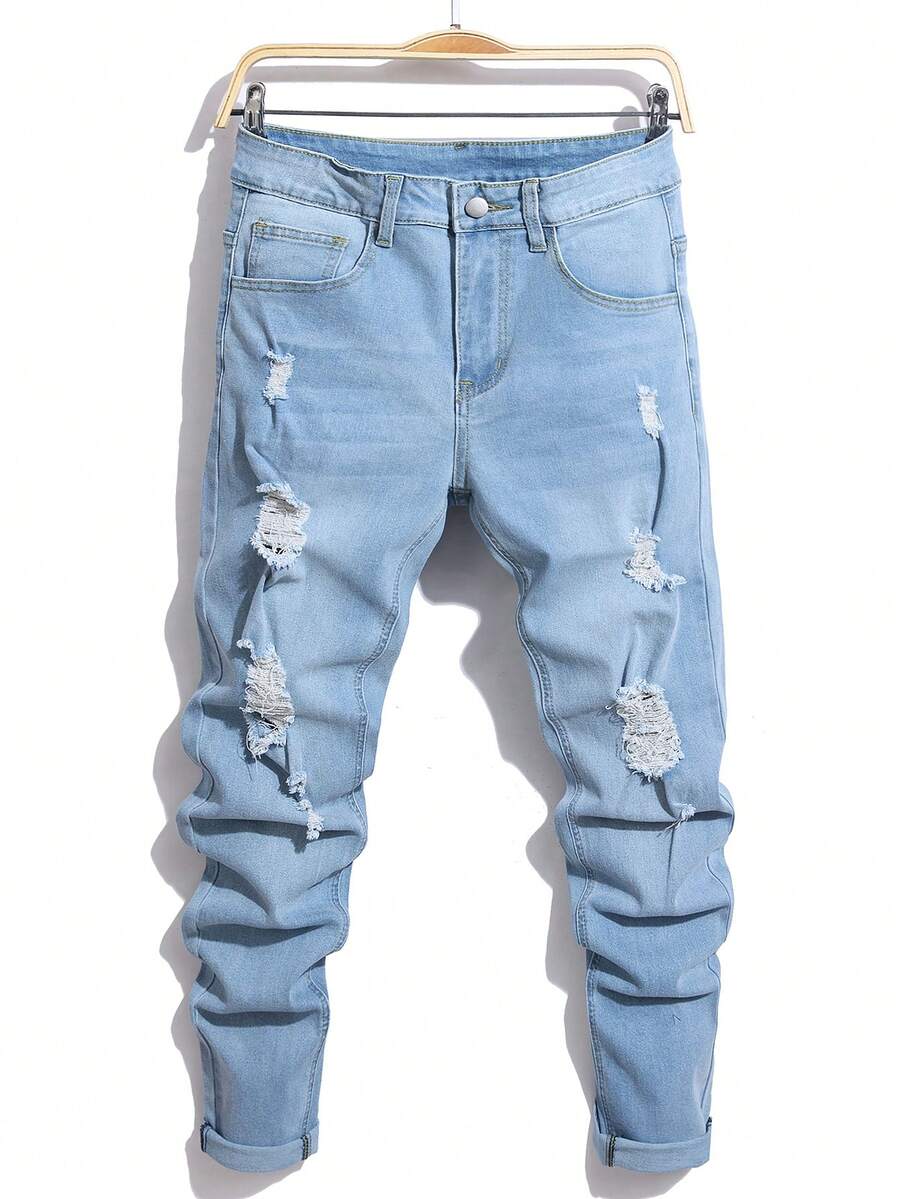 Men's Fashion Stretchy Distressed Slim-Fit Denim Jeans - Baby Blue - View 1