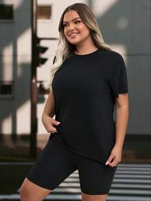 大码夏季休闲纯色短袖 T 恤和短裤运动套装