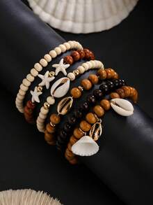 6pcs Boho Ocean Style Coconut Shell Beaded Bracelet Set, Starfish & Shell Pendant, Charming Jewelry For Men Beach Party Vacation