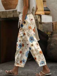 大码女士抽绳印花哈伦裤度假装 - 杏色 - 查看 1