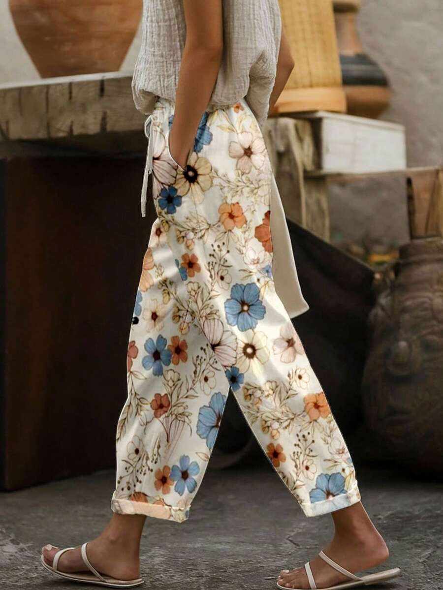 大码女士抽绳印花哈伦裤度假装 - 杏色 - 查看 1