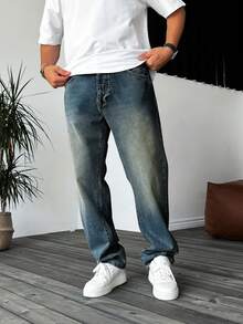 男士复古浅蓝色直筒洗水牛仔裤，高端简约百搭纽扣拉链休闲裤，四季皆宜