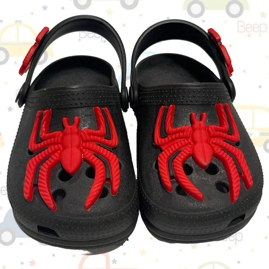 Babouche Or Crock Sandals For Boys With Spider Print, Soft, Light And Comfortable - màu đen - Xem 1