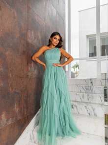 One-Shoulder Layered Bridesmaid Prom Dress - Mint Green - View 2