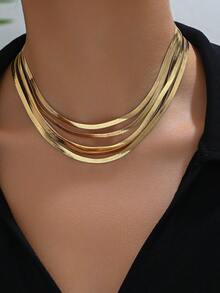 1pc Multi-Layer Elegant Simple Chic Snakeskin Decor Collarbones Chain Necklace, Versatile Daily Wear - Yellow Gold - View 1