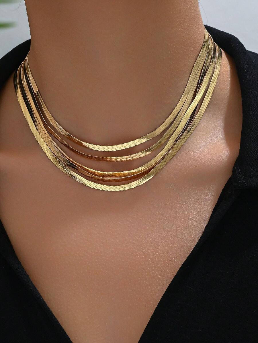 1pc Multi-Layer Elegant Simple Chic Snakeskin Decor Collarbones Chain Necklace, Versatile Daily Wear - Yellow Gold - View 1