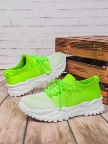 Bright Neon Green Comfortable Round Toe Wedge Heel Fashionable Slip-On Casual Elastic Knit Unisex Sneakers, Breathable, Stylish, Convenient, Durable, Suitable For Sports And Leisure - Fluorescent Green - View 4