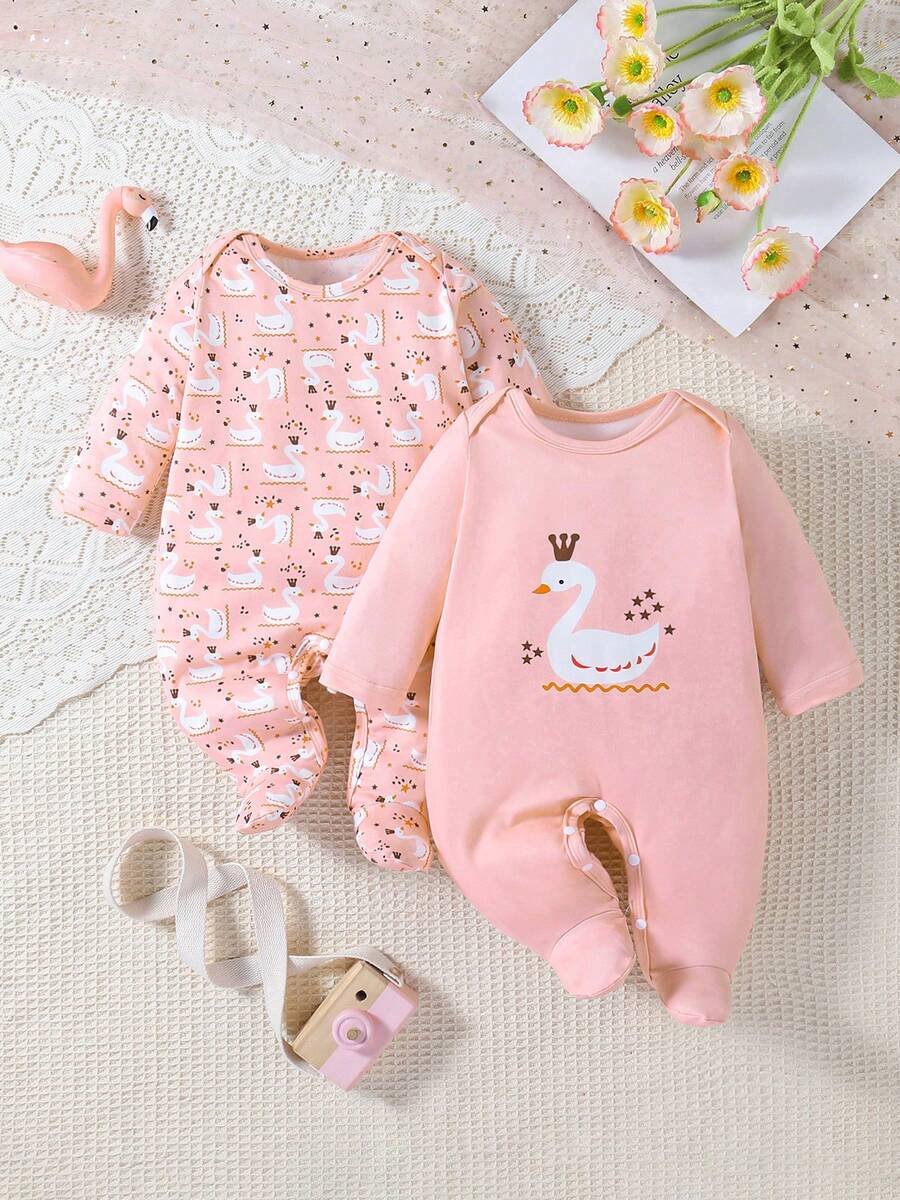 2pcs/Set Cute Cartoon Swan Print Footie Jumpsuit - Baby Pink - View 1