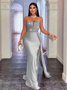 CHOSMO Vestido maxi elegante de noche, fiesta, boda o evento formal para mujeres con tiras de espagueti, espalda con cremallera, cintura alta, abertura lateral con cinta y detalles de lentejuelas.