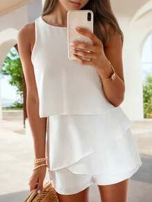 SANOPY Jumpsuits For Women,Women's Summer Elegant Chiffon Solid Color Sleeveless Ruffle Hem Jumpsuit Shorts With Zipper - trắng - Xem 4