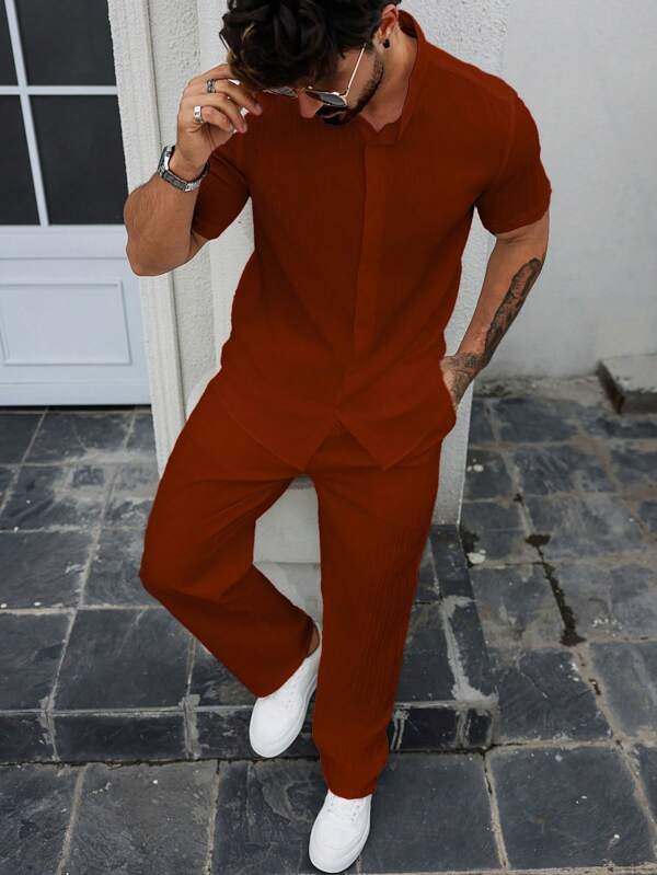2pcs Set: Wave Textured Casual Stand Collar Button Down Short Sleeve Shirt And Tie-Up Loose Pants, Men Outdoor Clothing Suit