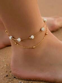 1pc Unique Double-Layer Anklet, Shamballa Crystal Ball Charm Ankle Chain, Minimalist Multi-Layer Metal Alloy Beach Foot Jewelry For Women - Gold - View 1