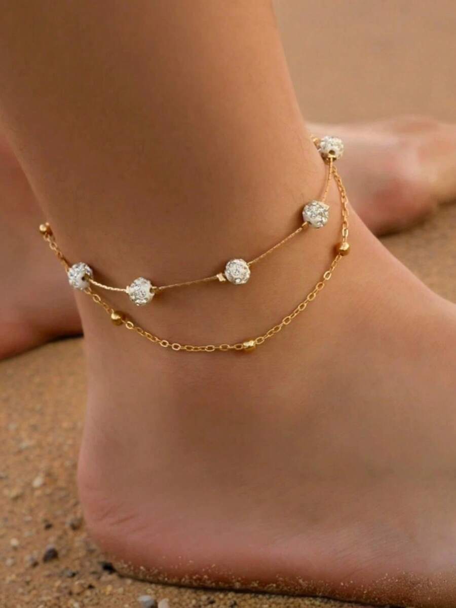 1pc Unique Double-Layer Anklet, Shamballa Crystal Ball Charm Ankle Chain, Minimalist Multi-Layer Metal Alloy Beach Foot Jewelry For Women - Gold - View 1