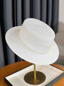1pc Women Straw Hat, Casual Bohemian Street Elegant French Flat Top Hat, Suitable For Summer Elegant Pearl Straw Beach Sun Hat, Ideal For Gatherings, Outings, Outdoor Use - Multicolor - View 13