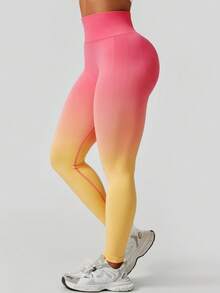 Summer Workout Women's Fashion Ombre Peach Butt Lifting Seamless High Waist Shapewear Leggings - Yellow - View 6
