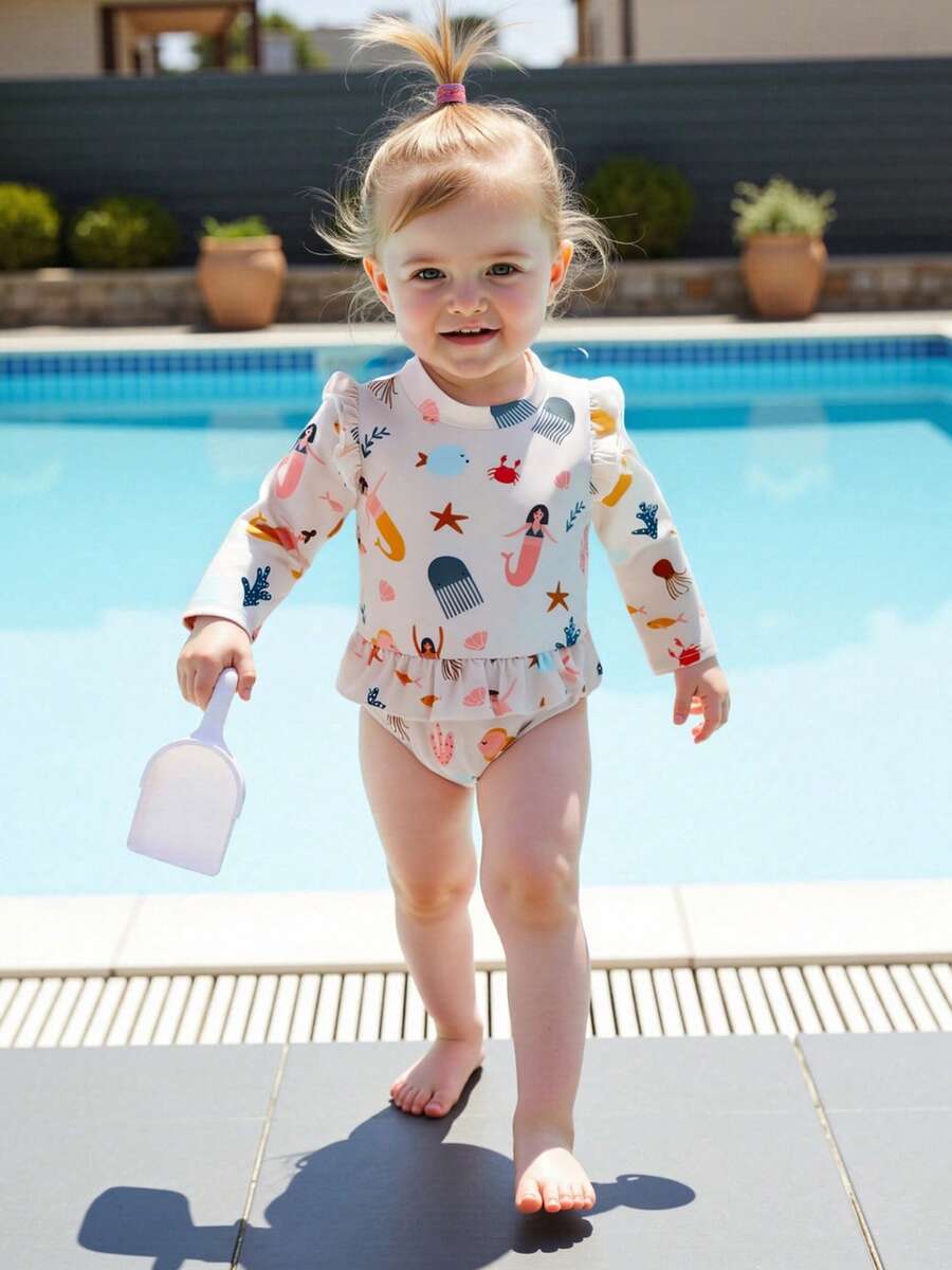 Baby Girls Rash Guard Swimsuit Rompers Long Sleeve Ocean Elements Print Toddler Ruffles Bathing Suit Swimwear - Beige - View 1