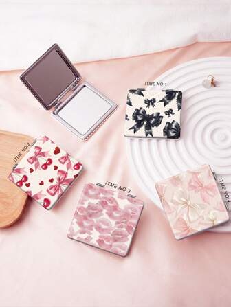 Espejo de vanidad plegable de la serie Y2K, ligero, ultra delgado, espejo de mano portátil con respaldo adhesivo, adecuado para múltiples escenarios y todos los usuarios. Diseño cuadrado plegable para un fácil transporte. Estilo de dibujos animados Y2K único con encaje, lazo, corazón, cereza y estampados de labios. Duradero, confiable y resistente a los arañazos.