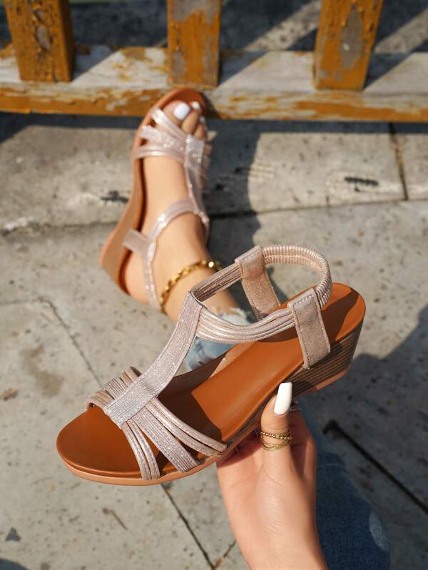 Fashionable Shiny Pink Decorative Lady's Sandals, Lightweight & Comfortable Vintage Platform Block Heel Roman Sandals, 2025 New Casual Vacation Travel Women Shoes