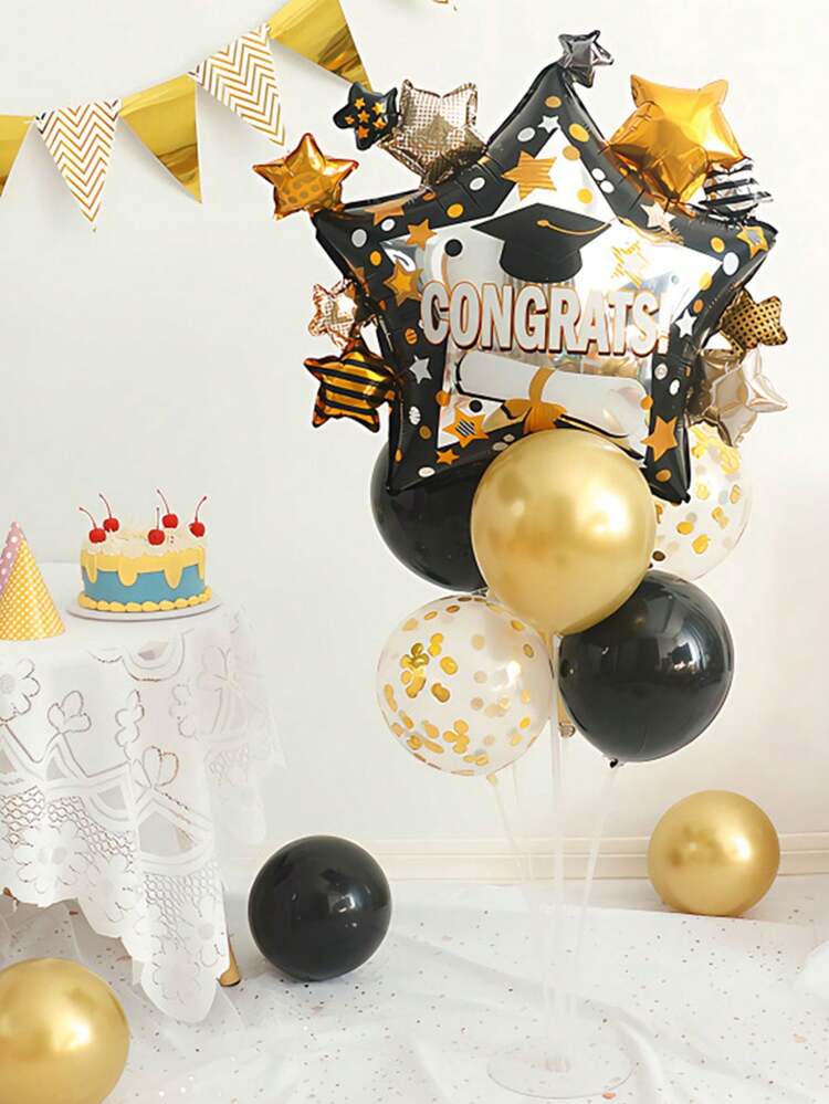 Bộ 9 bóng bay chủ đề tốt nghiệp, bóng bay lá kim loại đầy sao, bóng bay cao su kim loại màu vàng đen cho tiệc tốt nghiệp, trang trí lễ tốt nghiệp - Nhiều màu - Xem 2