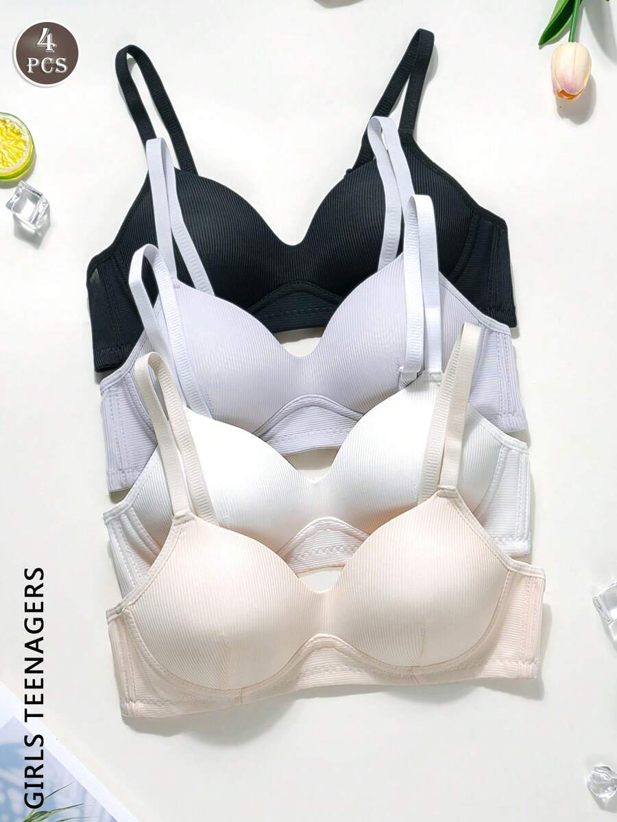 4Pcs Meninas Adolescentes Cor Sólida Triângulo Copo Sutiã Confortável Simples Adolescente Meninas Roupa Interior Adequado Para 12-15Y