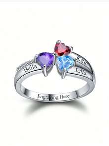 Exquisite And Elegant, 12 Color Birthstone And Custom Name Heart-Shaped Cubic Zirconia Fashion Ring, Women's Jewelry For Mother's Day, Christmas, Anniversaries, Valentine's Day, Thanksgiving, Gifts With Beautiful Commemorative Significance - Silver - View 4