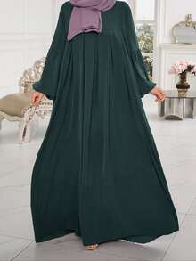 1 chiếc áo choàng màu trơn có thiết kế xếp ly ở ngực và tay áo, áo choàng Abaya thời trang đa năng thích hợp cho thường ngày, giải trí, cầu nguyện - Màu xanh lá cây đậm - Xem 1