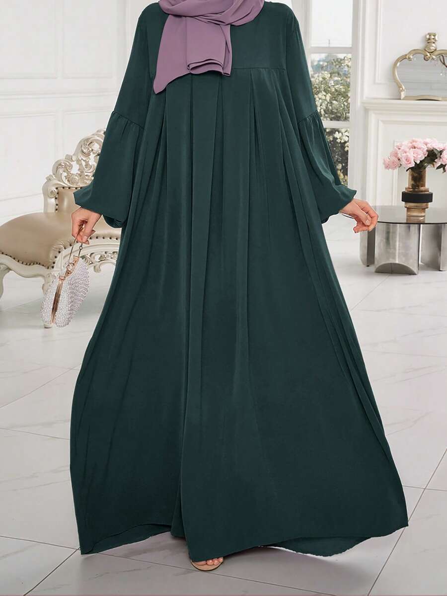 1 chiếc áo choàng màu trơn có thiết kế xếp ly ở ngực và tay áo, áo choàng Abaya thời trang đa năng thích hợp cho thường ngày, giải trí, cầu nguyện - Màu xanh lá cây đậm - Xem 1