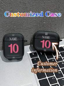 1pc Customizable Personalized English Name & Number Printed Pink Protective TPU Soft Case With Gray Skin, Suitable For AirPods 1/2, 3, 4, Pro, Minimalist & High-End For Daily Use - Black - View 4