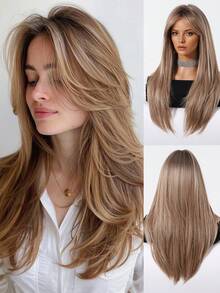 混合棕金色假发，带刘海，自然分层长直发，万圣节假发，女士耐热纤维合成假发，适合日常派对假发 - 棕色 - 查看 3