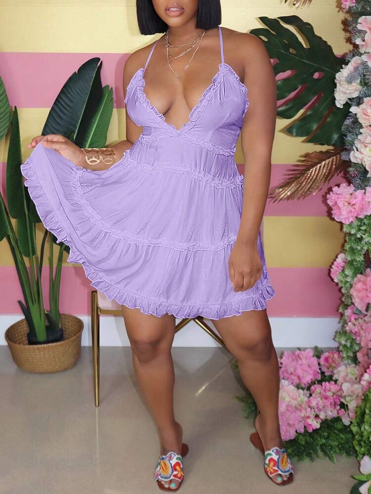 Women Solid Color Ruffled Backless Halter Dress For Vacation Beach Elegant - Mauve Purple - View 1