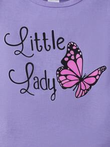Girls Sleeveless Top & Shorts 2pcs Set, Round Neck Lace Ruffle Sleeve Blouse + Butterfly Print Shorts, Casual Daily Wear For 4-7 Years Old