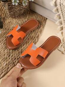 1 par de sandalias planas de color naranja talla grande para niñas, sandalias de PU de unicolor cómodas con tira, puntera redonda, antideslizantes, lindas y adecuadas para niños y niñas de 3 a 15 años, para uso diario, casual, fiesta, viaje, nueva llegada primavera/verano 2026 - Naranja - Ver 8
