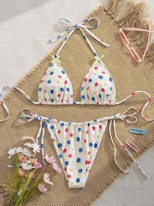 Costume da bagno bikini sexy da donna con spalline alla halter, set di 2 pezzi, adatto per vacanze al mare estive - Multicolore - Visualizzare 2