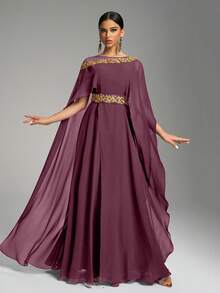 SUPGIR 优雅圆领斗篷袖亮片刺绣束腰正式晚礼服，端庄