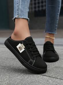 Women's Solid Canvas Slippers, Platform Round Toe All-Match Lace Up Breathable Slip On Shoes, Women's Footwear