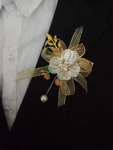 1 Shiny Rose Vintage Elegant Brooch + 1 Wrist Corsage Set, Unisex Design, Suitable For Groom, Bride, Wedding, Formal Party - Multicolor - View 2
