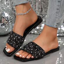 Rhinestone Square Toe Slippers For Women - Casual Fashion Slip-Ons For Indoor/Outdoor Use In Summer. Flat Bottom Sandals With Open Toe - Perfect Beachwear! - 全黑 - 查看 5