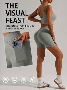 女士纯色瑜伽服套装运动胸罩内衣提臀短裤健身美体吊带塑身背心