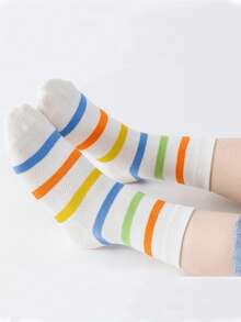 5 Pairs Kids/Children Thin Mesh Candycolor Letter & Striped Pattern Breathable Crew Socks, Suitable For Home & Outdoor, Spring/Summer (Ages 1-12) - Multicolor - View 7
