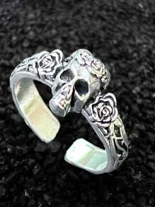 1 Stück Modischer Vintage Gothic Schwarzer Rosen- Und Totenkopf-dekor, Verstellbarer Offener Ring, Geeignet Für Den Täglichen Gebrauch/party/events, Accessoires Für Männer Und Frauen, Tolles Geschenk