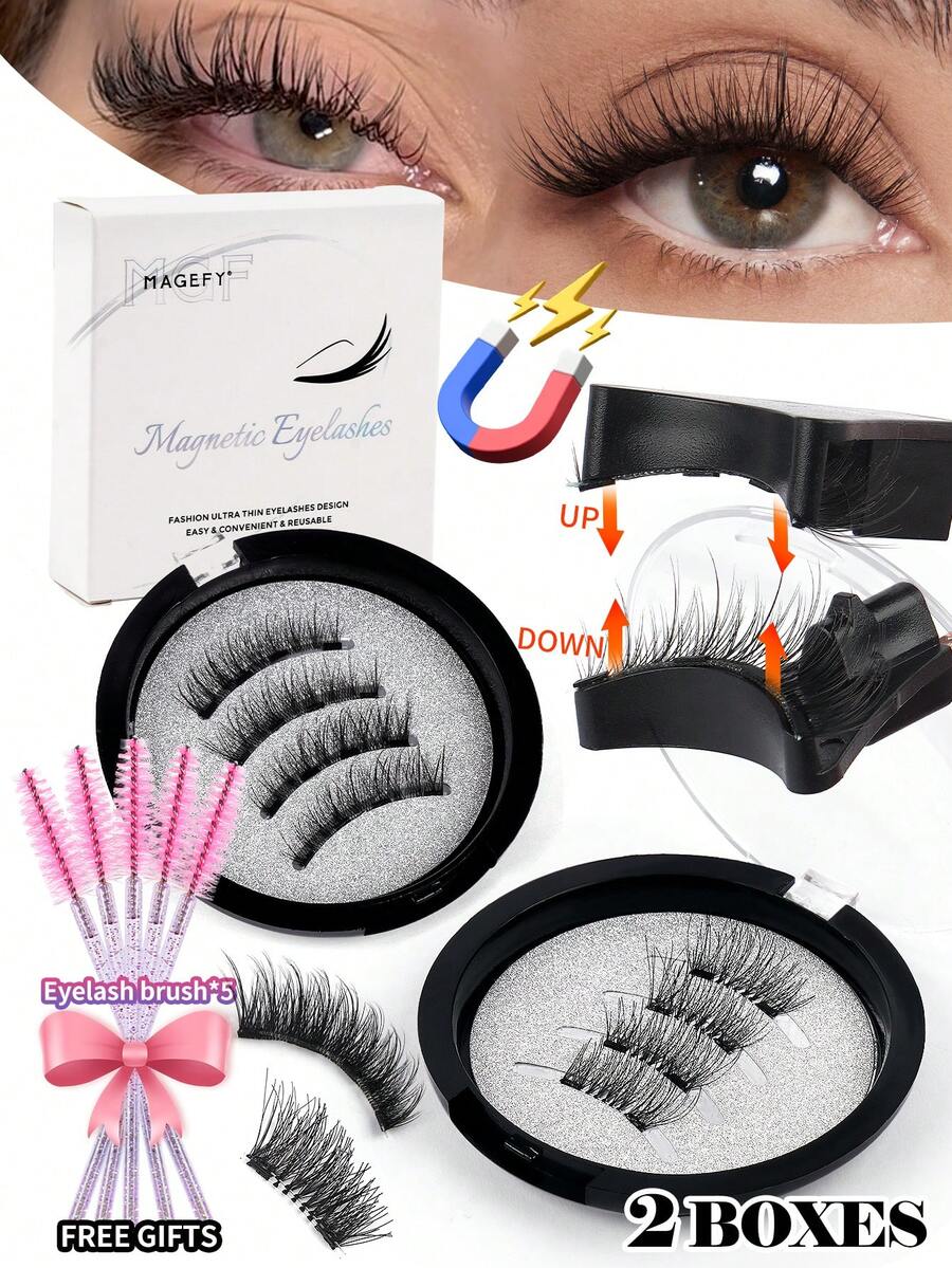 MAGEFY 2 Pairs Manga Reusable Magnetic Suction False Eyelash Mixth Kit,Equipped With Magnetic Clips+With 5 Pcs Eyelash Curler,1 Boxes Magnetic False Eyelashes+1 Boxes Magnetic Half Eye False EyelashesNatural Looking - 眼尾拉長款 - 查看 1