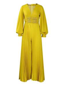 Women's Plus Size Jumpsuit Solid Color Long Sleeve Deep V Neck Peach Diamond Wide Leg Jumpsuit - Yellow - View 6