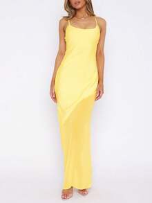 Sexy & Elegant Fitted Satin & Mesh Patchwork Slip Dress, Party Dress, For Cocktail - Yellow - View 4