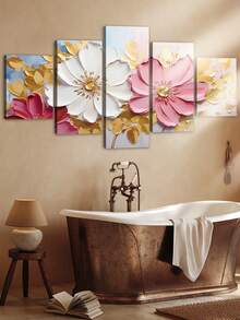 1/5件套牡丹花卉帆布墙画套装 - 现代框画，夏季装饰，农舍风格框画，室内花卉海报，适用于客厅、卧室、餐厅、宿舍 - 春冬季节装饰，卡通图案，木框，母亲节、返校礼物 - 彩色 - 查看 8