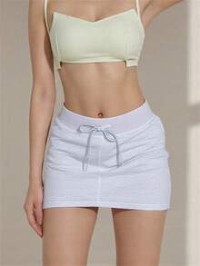 Women's Fashion Mini Skirts Solid Color Drawstring Elastic Waist Bodycon Skirts Spring Summer Casual Skirts - Light Grey - View 2