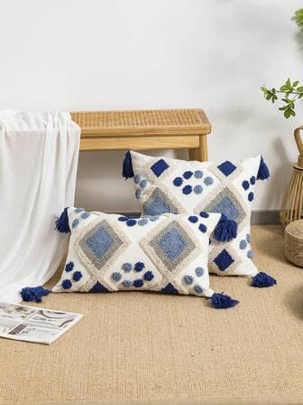 1pc/2pcs Colorful Double Rhombus Geometric Pattern Cushion Cover, Canvas Fabric, Tufted Fringe Design, Bohemia Style Throw Pillow Case, For Living Room Sofa Bedroom Headboard, 30*50cm 45*45cm, Seasonal Home Decor